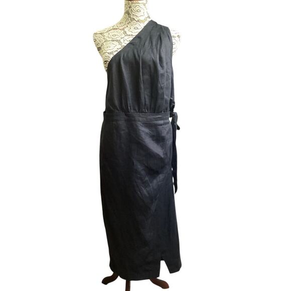 Anthropologie one shoulder linen wrap preppy dress size 16 black - Picture 3 of 11